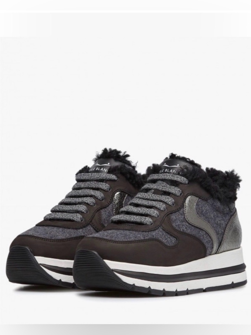 NWT VOILE BLANCHE MARAN Fur Leather And Fabric Sneakers in Black-Grey